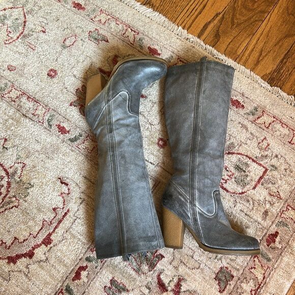 Nordstrom Gray Heeled Knee-High Leather Suede Boots Size 8 M - Picture 10 of 14